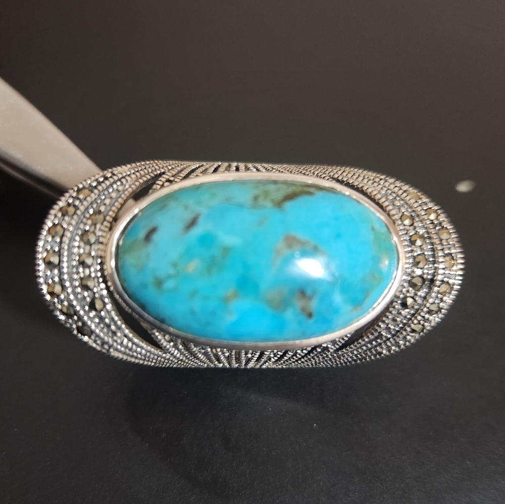 Sterling silver oval turquoise and marcasite‎ ring - Picture 6 of 6